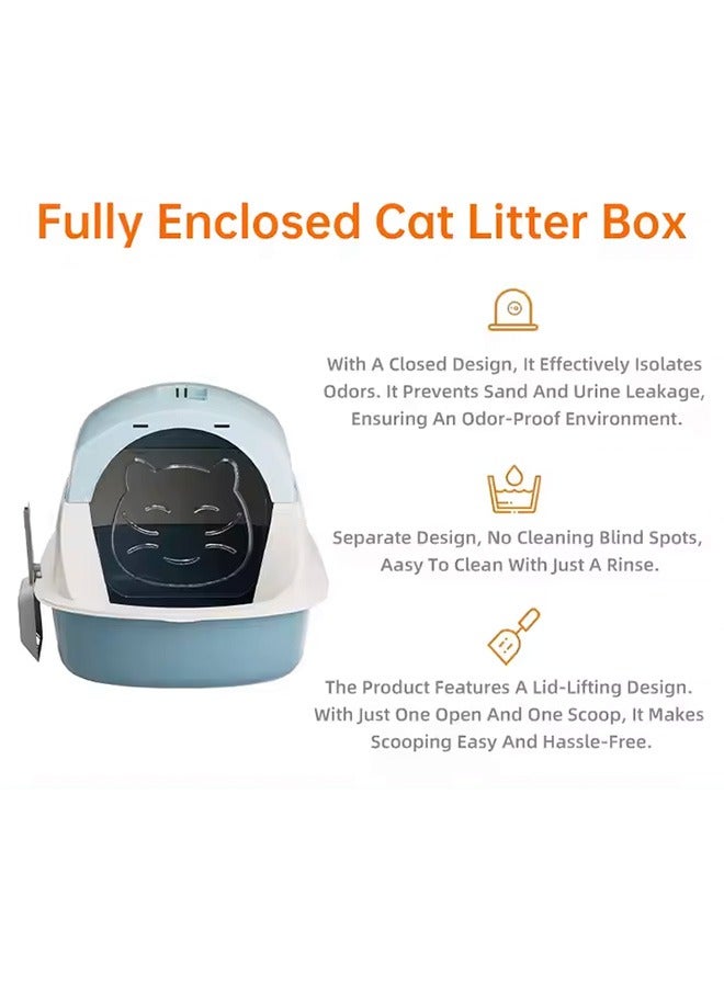Cat Litter Box with Lid, Supplies with Plastic Scoop and Deodorizing Bag, Fully Enclosed Cat Litter Box With Lid, Anti-Splashing, Prevent Sand Leakage, Detachable Small Pet Toilet, Top Entry Cat Toilet, Oversized Detachable Cat Litter Box, Deodorizing Non-Sticky and Easy to Clean, Suitable for All Kinds of Pet Litter(Blue)
