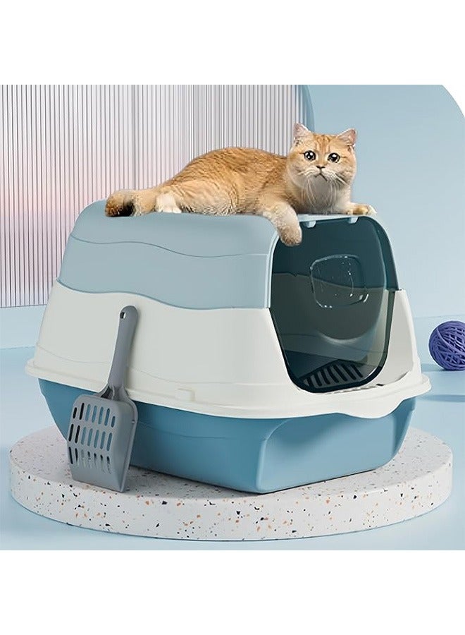 Cat Litter Box with Lid, Supplies with Plastic Scoop and Deodorizing Bag, Fully Enclosed Cat Litter Box With Lid, Anti-Splashing, Prevent Sand Leakage, Detachable Small Pet Toilet, Top Entry Cat Toilet, Oversized Detachable Cat Litter Box, Deodorizing Non-Sticky and Easy to Clean, Suitable for All Kinds of Pet Litter(Blue)