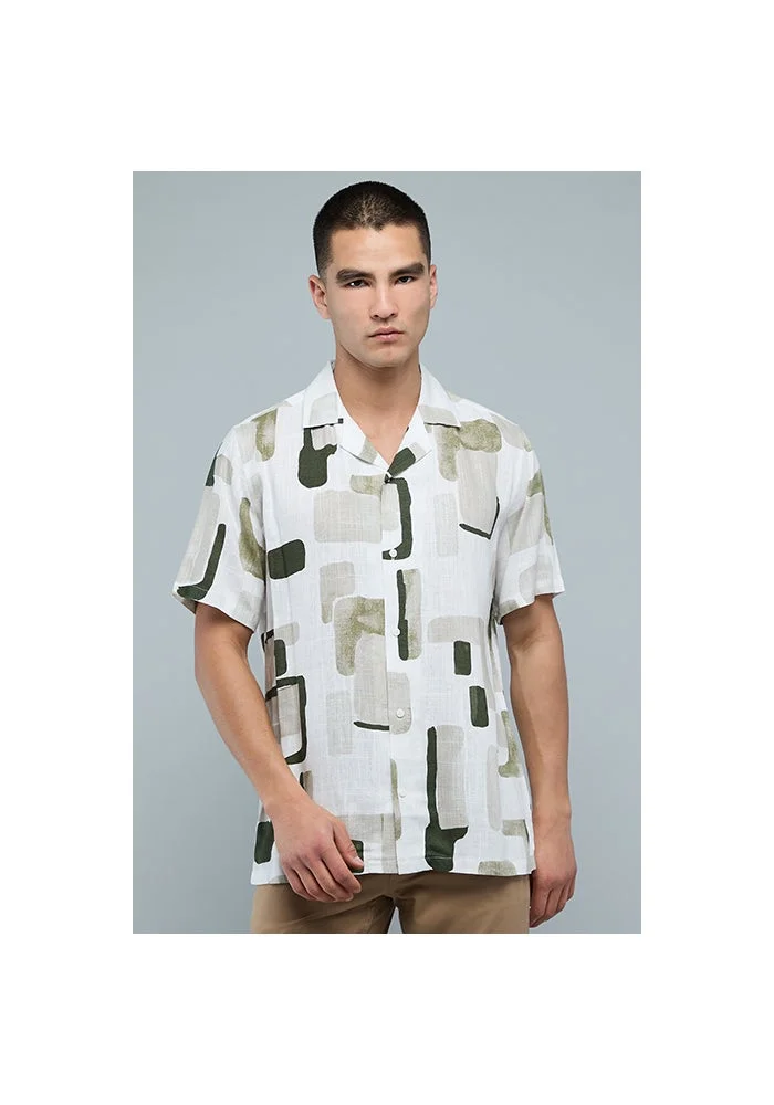 أر أند بي Printed Shirt with Revere Collar and Short Sleeves
