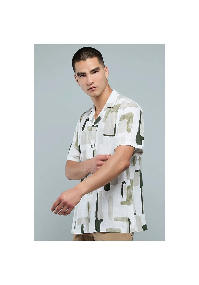 أر أند بي Printed Shirt with Revere Collar and Short Sleeves