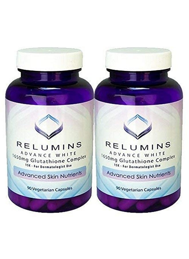RELUMINS - Pack of 2 Relumins Advance White 1650mg Glutathione Complex - 15x Dermatologic Formula with Advanced Skin Nutrients- 2 Bottles, 90 Capsules Each, 180 Total Capsules - Image 1