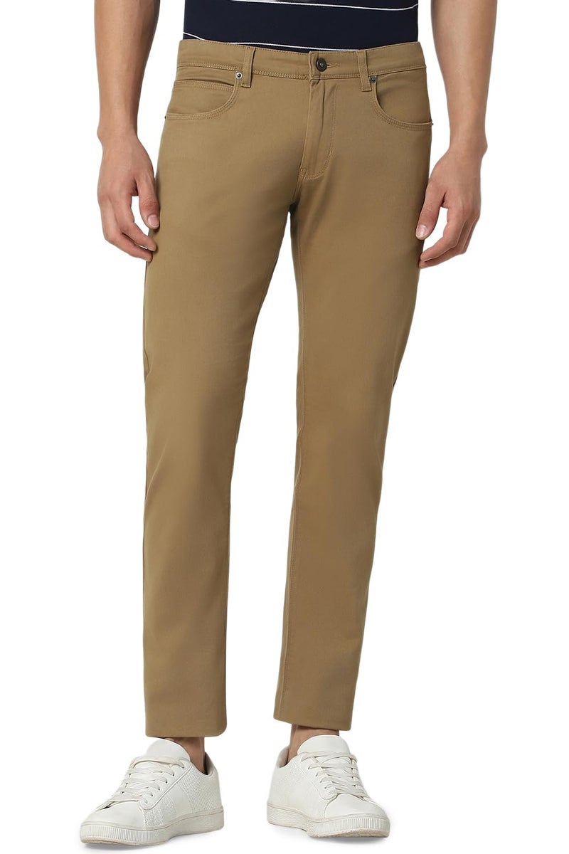 Peter England Men's Skinny Fit Stretchable Everyday Casual Trouser | Scoop Pocket Premium Twill Chinos | Flat Front Dark Khaki, Mid Rise, 32 - Image 1