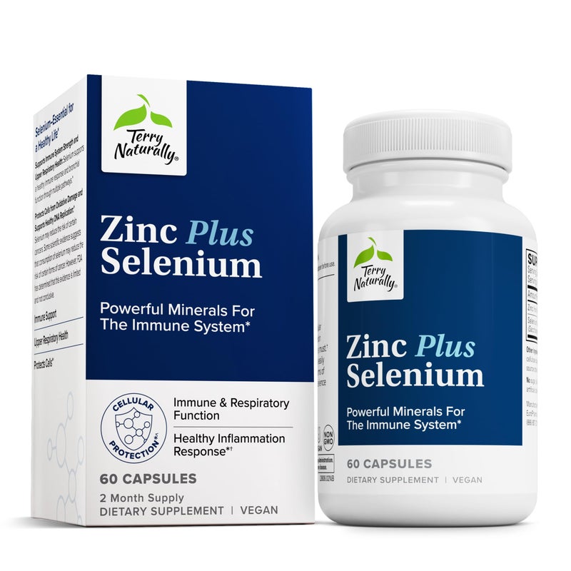 Terry Naturally Zinc Plus Selenium Immune Respiratory Health Supplement Mineral Supplement with Zinc Bisglycinate Chelate Formula with Selenium for Cellular Health Support 60 Capsules
