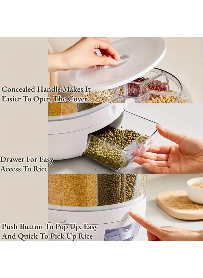 ج ت س آ ل حاوية تخزين حبوب دوارة، موزع أرز، حاوية أرز بستة أقسام، موزع طعام دوار 360 درجة، موزع حبوب دائري بضغطة زر واحدة، مناسب للمطبخ، للحبوب والبقوليات والأرز. - Image 3