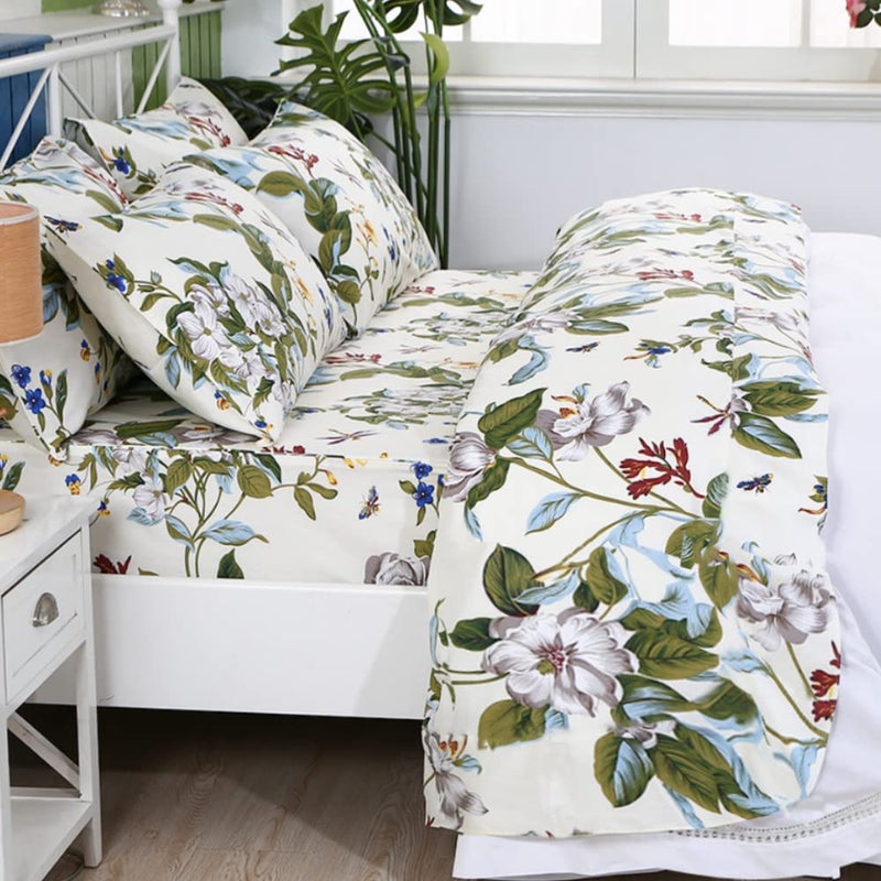 FADFAY Shabby Floral Sheets King 100 Cotton 600 TC White Flower and Green Leaves Bedding Vintage Garden Botanical Print Country Side Bed Sheet Soft Deep Pocket Sheet 175Beige