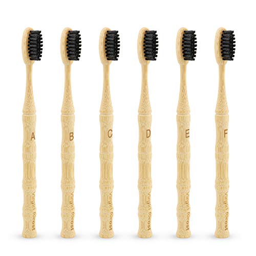 Virgin Forest Bamboo Toothbrush, Vegan Natural ECO Friendly Wood Toothbrushes, Biodegradable Organic Charcoal Tooth Brush, Pack of 6 - Image 1