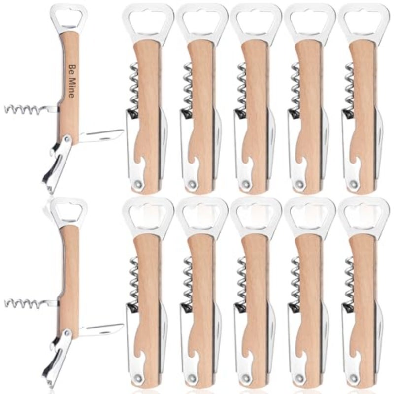 12 Pcs Wood Wine Bottle Opener Bachelor Groomsmen Gift 4 in 1 Corkscrew Wine Opener with Foil Cutter Blank DIY Engraving Gift for Wedding Proposal Party Favors Khaki - Image 1