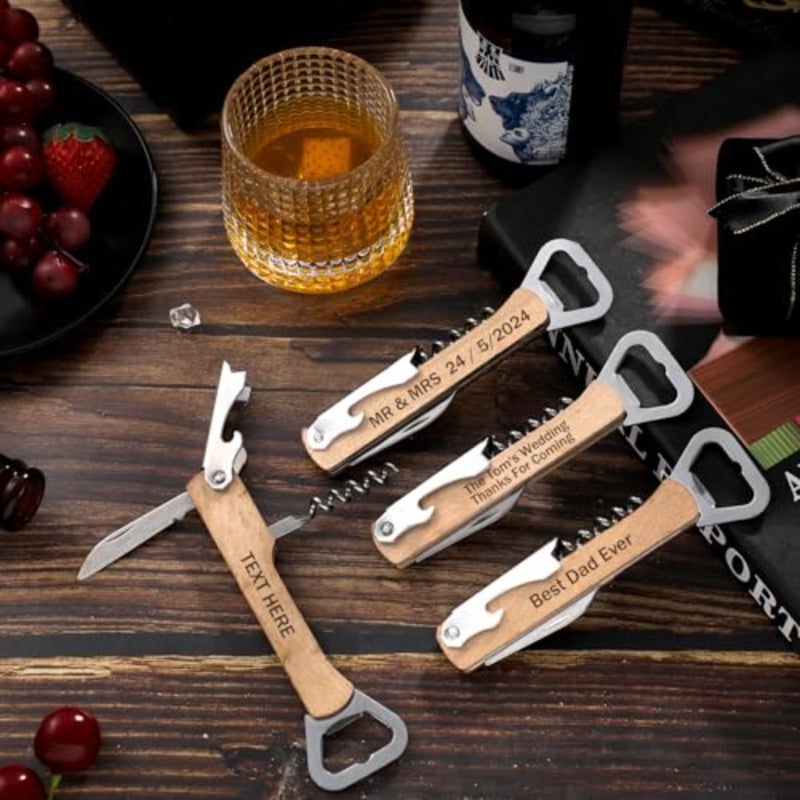 12 Pcs Wood Wine Bottle Opener Bachelor Groomsmen Gift 4 in 1 Corkscrew Wine Opener with Foil Cutter Blank DIY Engraving Gift for Wedding Proposal Party Favors Khaki - Image 4