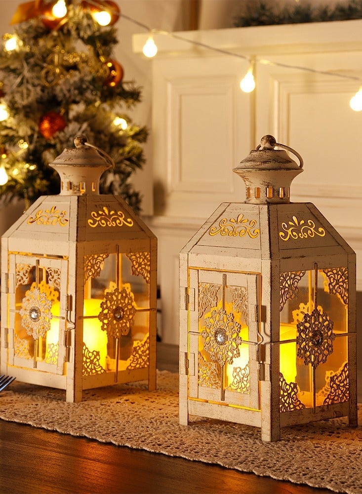 Nonebranded Set of 2 Decorative Candle Lantern 9.5" High Metal Candle Lantern Vintage Style Hanging Lantern for Wedding Parties Indoor Outdoor(White with Gold Brush) - Image 3