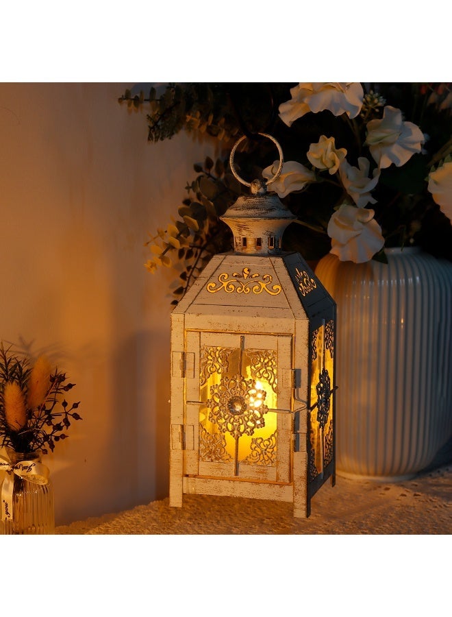 Nonebranded Set of 2 Decorative Candle Lantern 9.5" High Metal Candle Lantern Vintage Style Hanging Lantern for Wedding Parties Indoor Outdoor(White with Gold Brush) - Image 5