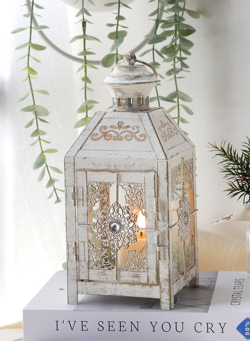 Nonebranded Set of 2 Decorative Candle Lantern 9.5" High Metal Candle Lantern Vintage Style Hanging Lantern for Wedding Parties Indoor Outdoor(White with Gold Brush) - Image 4