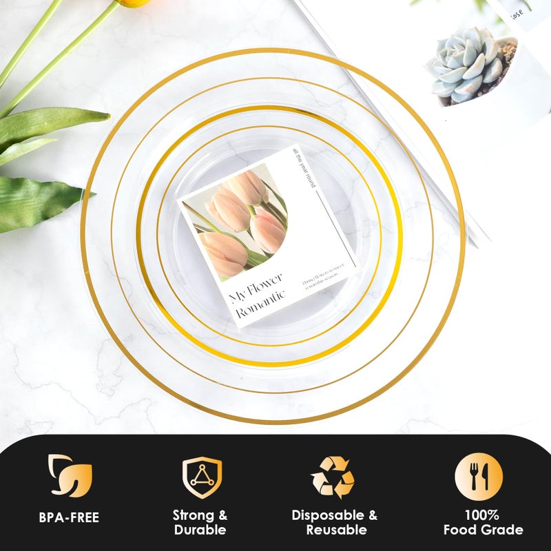 Lullaby 102PCS Clear Plastic Plate with Gold Rim  Includes 51pcs Dinner Plates 10  and 51pcs Dessert Plates 7   Disposable Elegant Plate for Birthdays  Parties and Wedding - Image 3
