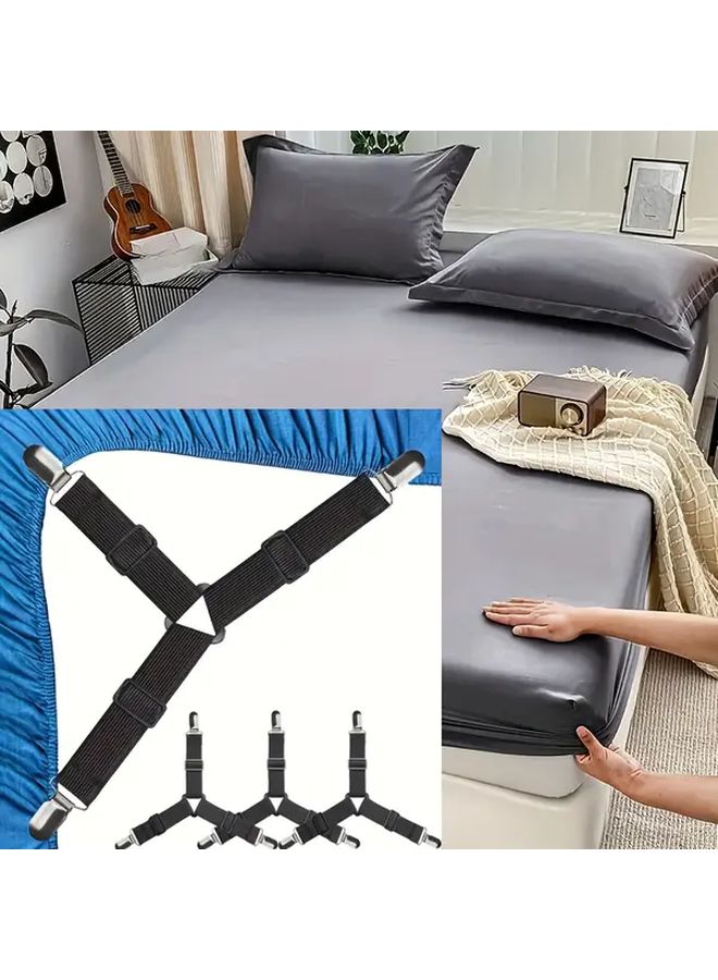 4 Pcs Adjustable Triangle Bed Sheet Fasteners Elastic Nylon Clips Secure Fit Anti Slip Holders For Beds Sofas Tablecloths Black Durable Woven Design For Mattresses Cushions Invisible Fixing Tools - Image 1