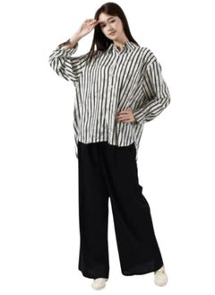 Generic Stylish Stripe and Letter Print Long Sleeve Shirt - Classic Casual Button Front Turn Down Collar Design with Linen Pants Fit to Large-XL T-164  - Image 2