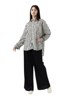 Generic Stylish Stripe and Letter Print Long Sleeve Shirt - Classic Casual Button Front Turn Down Collar Design with Linen Pants Fit to Large-XL T-164  - Image 4