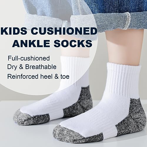 EPEIUS Kids Girls' Cushioned Socks Toddler Boys Thick Cotton Quarter Athletic Running Socks Ankle Sports 6 Pack 4-7 Years,White/Black - Image 3