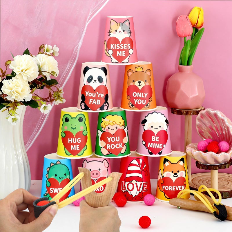 MUOUAKATE Valentines Day Games for Kids with 24 Paper Stacking Cups 2 Wooden Catapults 2 Spare Rubber Bands & 10 Foam Balls, Valentines Party Toss Games for Family Class Indoor Outdoor Activities Supplies - Image 2