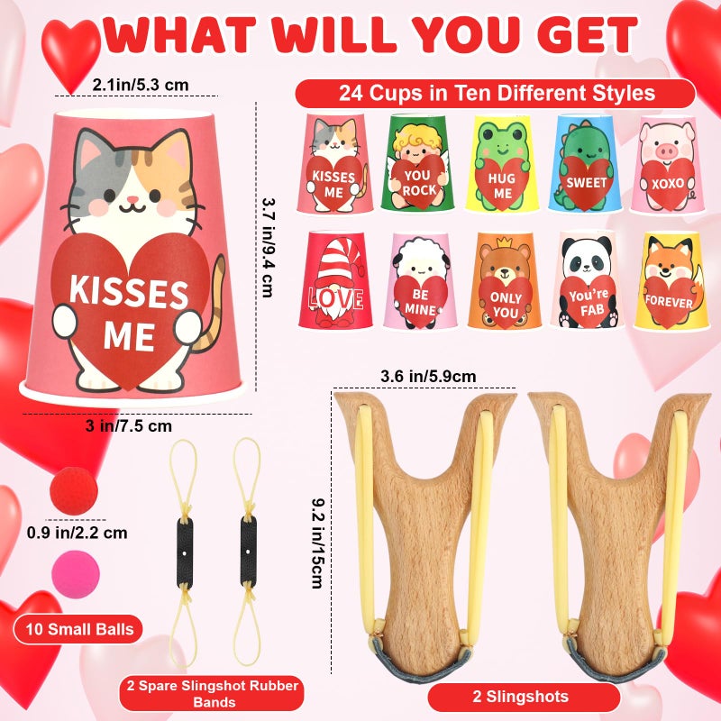 MUOUAKATE Valentines Day Games for Kids with 24 Paper Stacking Cups 2 Wooden Catapults 2 Spare Rubber Bands & 10 Foam Balls, Valentines Party Toss Games for Family Class Indoor Outdoor Activities Supplies - Image 3