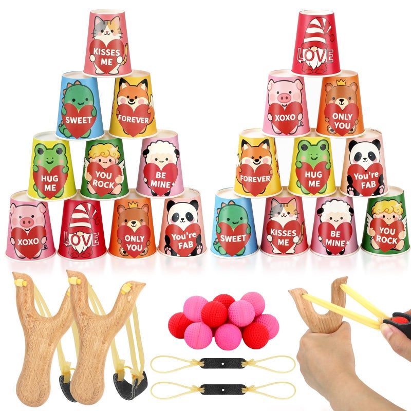 MUOUAKATE Valentines Day Games for Kids with 24 Paper Stacking Cups 2 Wooden Catapults 2 Spare Rubber Bands & 10 Foam Balls, Valentines Party Toss Games for Family Class Indoor Outdoor Activities Supplies - Image 1