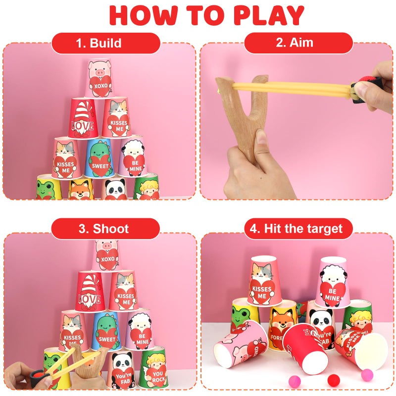 MUOUAKATE Valentines Day Games for Kids with 24 Paper Stacking Cups 2 Wooden Catapults 2 Spare Rubber Bands & 10 Foam Balls, Valentines Party Toss Games for Family Class Indoor Outdoor Activities Supplies - Image 5