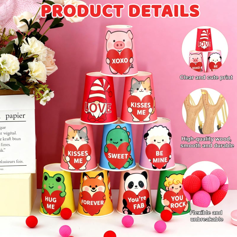 MUOUAKATE Valentines Day Games for Kids with 24 Paper Stacking Cups 2 Wooden Catapults 2 Spare Rubber Bands & 10 Foam Balls, Valentines Party Toss Games for Family Class Indoor Outdoor Activities Supplies - Image 4
