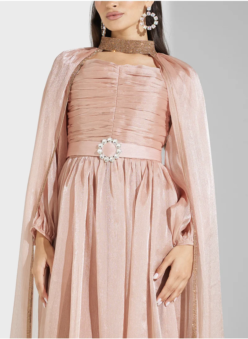 هيا كلوزيت Mesh Detailed Cape Sleeve Moroccan Dress