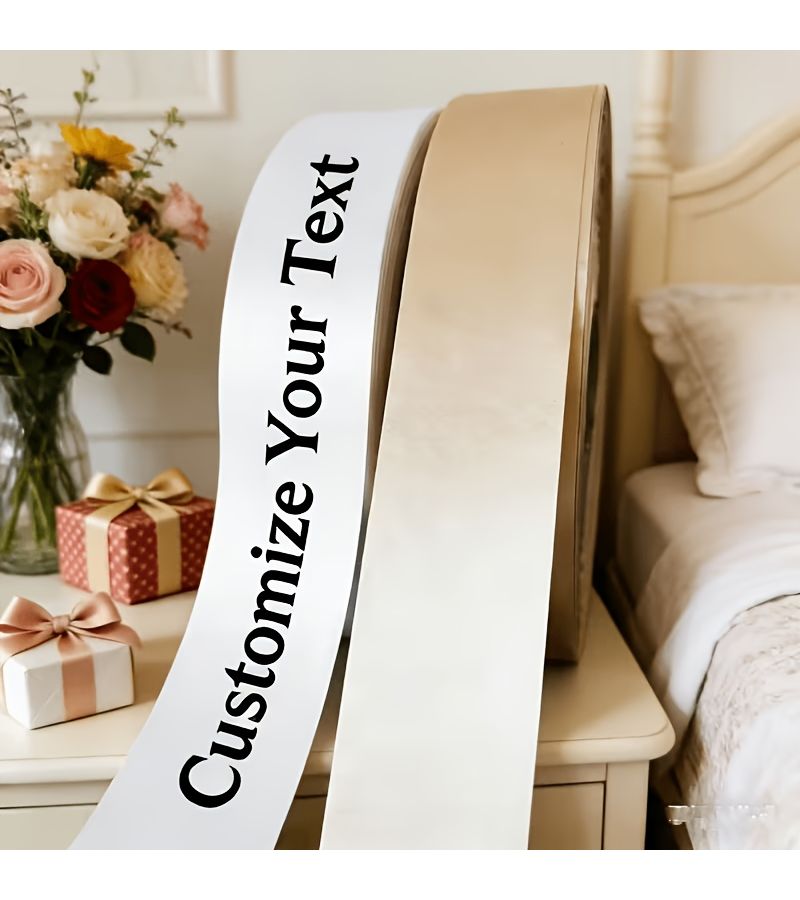 Custom Ribbon 196.85 X 0.98 Inch Light Champagne Gold White Black Text Polyester - Image 4