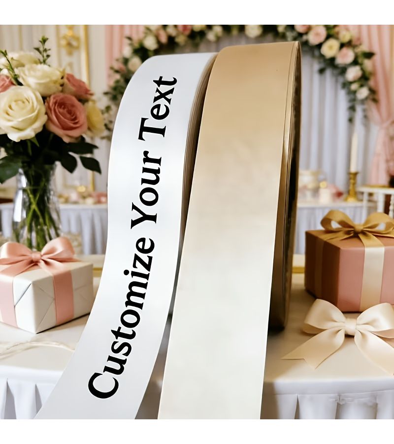 Custom Ribbon 196.85 X 0.98 Inch Light Champagne Gold White Black Text Polyester - Image 1