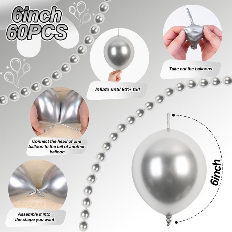 Govpy Silver Link Balloons, 60PCS Linking Balloons with Tail for Balloon Wall Arch and Chains, Quick Linkable Balloon for Wedding Birthday Baby Shower Engagement Graduation Party Decorations (6inch) - Image 2