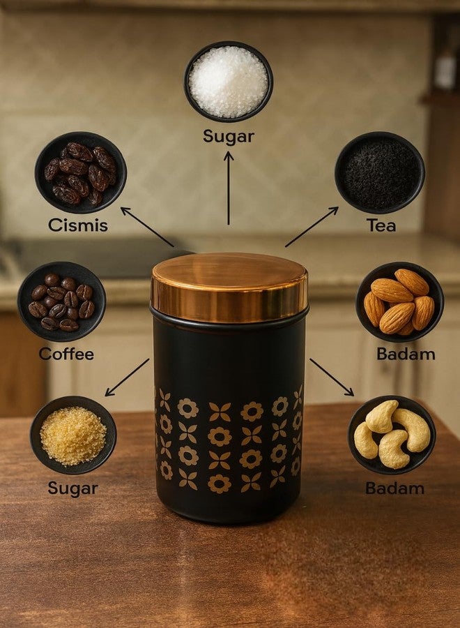 VISAXMI Premium Stainless Steel Kitchen Storage Container Set of 4 | Airtight Canister with Gold Finish Lid | Tea Coffee Sugar Dry Fruits Storage Jar | Designed Kitchen Organizer (750 ml) - Image 5