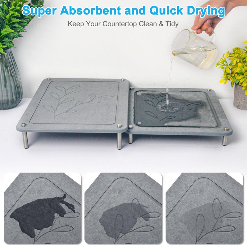 wishfly 3Pcs Nesting Stone Drying Mat for Kitchen Counter, Quick Drying Dish Drying Mat with Non-Slip Feet, Super Absorbent Heat Resistant Diatomaceous Earth Dish Drying Mat for Dishes, Bottles, Cups-Leaf - Image 2