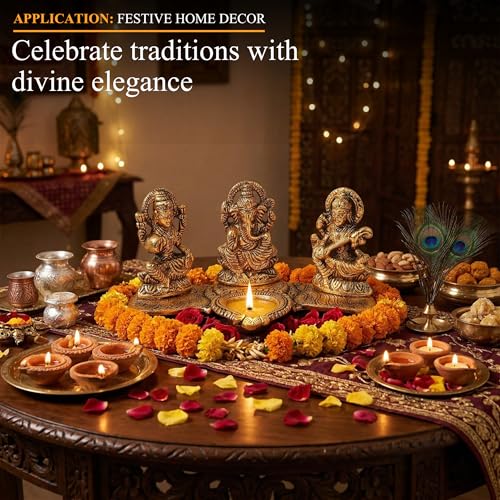 Klassic Laxmi Ganesh Saraswati Idol Diya Lamp with Elegant Antique Design | Decorative Puja Diya for Home Temple, Diwali & Festive Gifting | Traditional Spiritual Décor (Pack of 1) - Image 4