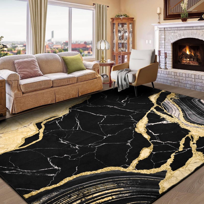 ASPMIZ Marble Area Rug 8x10 Washable Rugs for Living Room, Soft Faux Wool Black and Gold Bedroom Rugs Non Slip Modern Floor Carpet Low Profile Large Throw Rug for Dining Room Home Office Decor - Image 3