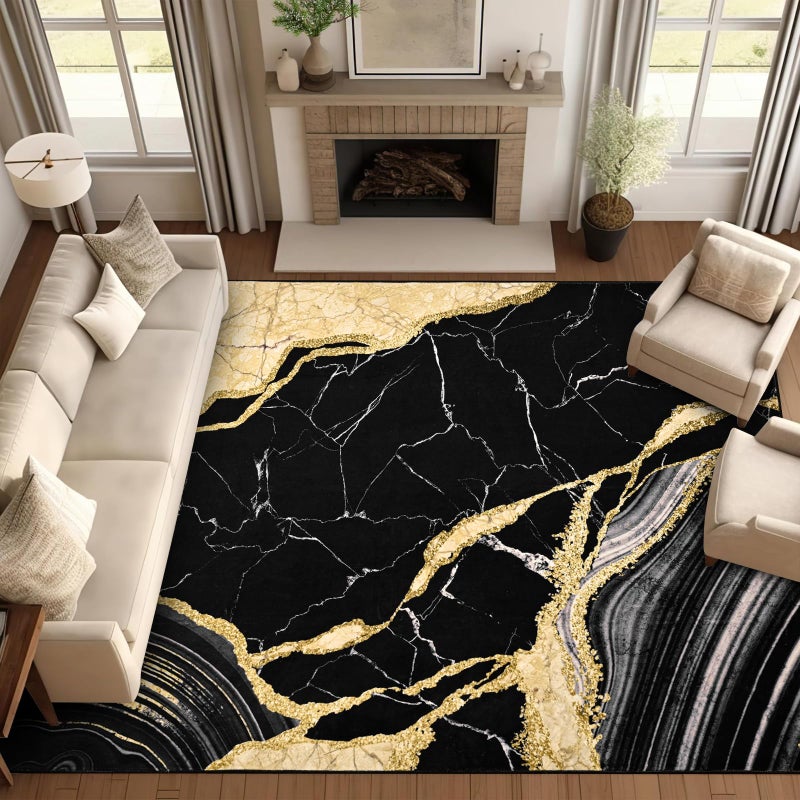 ASPMIZ Marble Area Rug 8x10 Washable Rugs for Living Room, Soft Faux Wool Black and Gold Bedroom Rugs Non Slip Modern Floor Carpet Low Profile Large Throw Rug for Dining Room Home Office Decor - Image 1