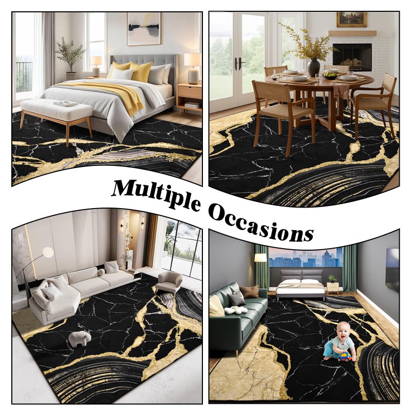ASPMIZ Marble Area Rug 8x10 Washable Rugs for Living Room, Soft Faux Wool Black and Gold Bedroom Rugs Non Slip Modern Floor Carpet Low Profile Large Throw Rug for Dining Room Home Office Decor - Image 4