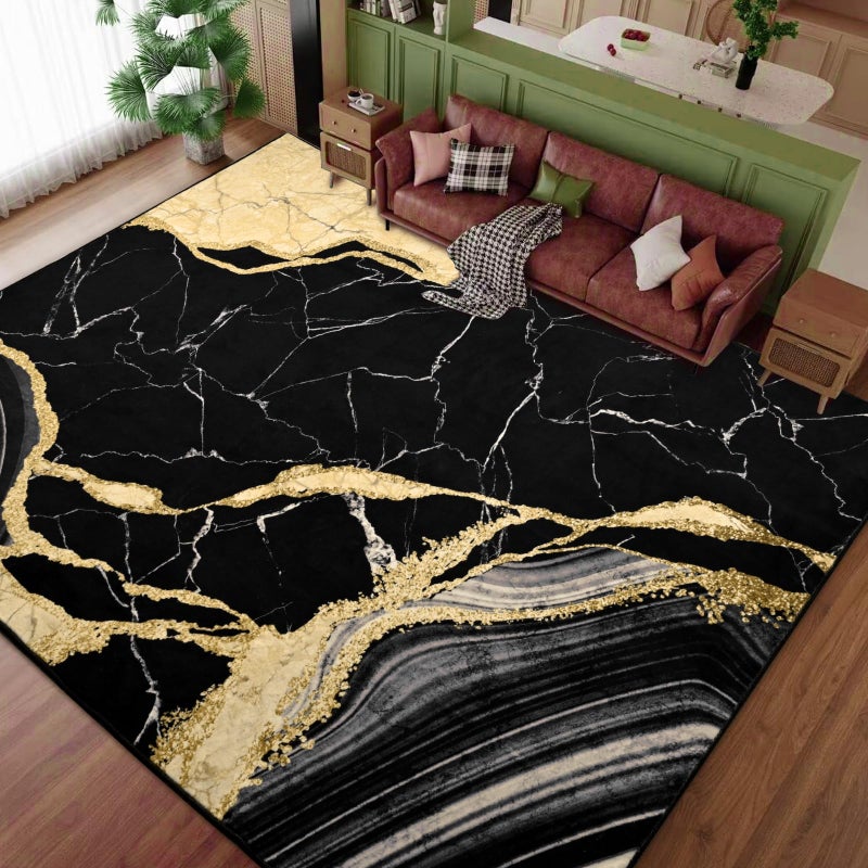 ASPMIZ Marble Area Rug 8x10 Washable Rugs for Living Room, Soft Faux Wool Black and Gold Bedroom Rugs Non Slip Modern Floor Carpet Low Profile Large Throw Rug for Dining Room Home Office Decor - Image 2