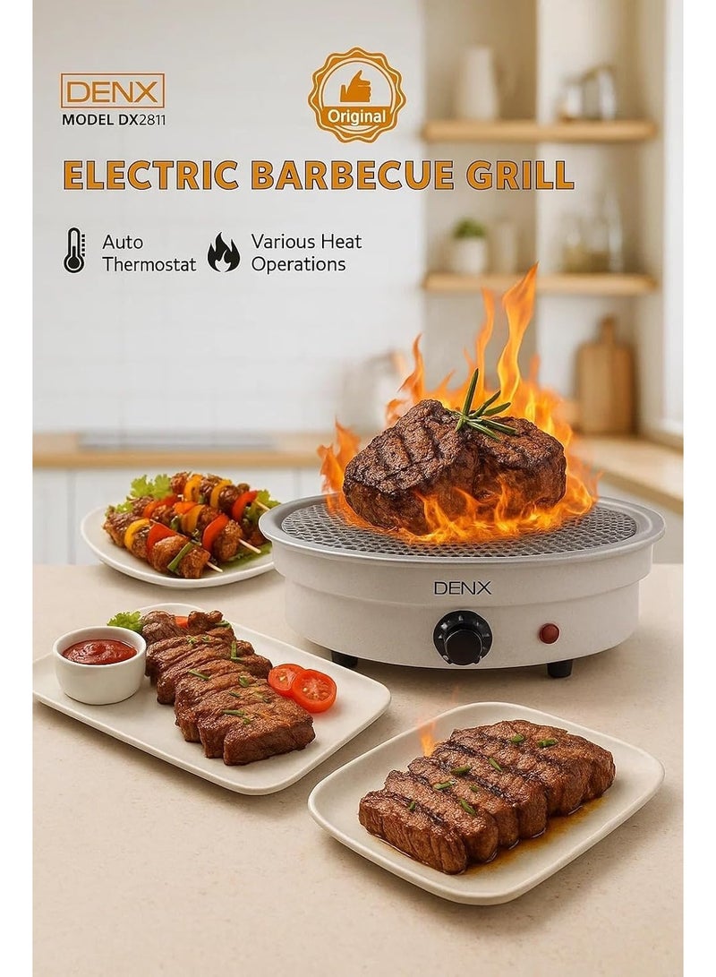 DENX Electric Barbecue Grill, Portable Outdoor Bbq Grill with Non Stick Surface, Removable Grease Tray, Round Compact Travel Grill for Camping, Picnic, Garden, Balcony Cooking, DX2811 - Image 1