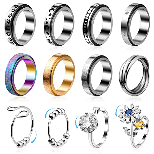 Cruzix 12Pcs Anxiety Fidget Rings for Women Stainless Steel Spinner Rings Moon and Star Bead Band Ring Adjustable Open Ring Sunflower Fidget Rings for Men Teens Anti Stress Gift Size 710 - Image 1