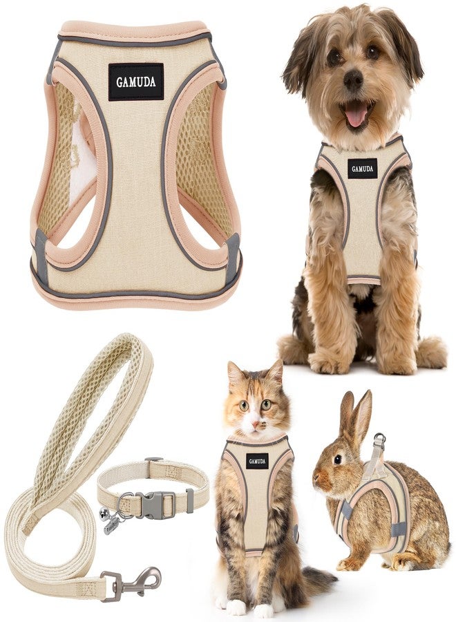 GAMUDA Small Pet Harness Collar and Leash Set, Step in No Chock No Pull Linen Fabric Soft Mesh Dog Vest Harnesses Reflective for Dogs Puppy Cats Kitten Rabbit (Khaki, S) - Image 1