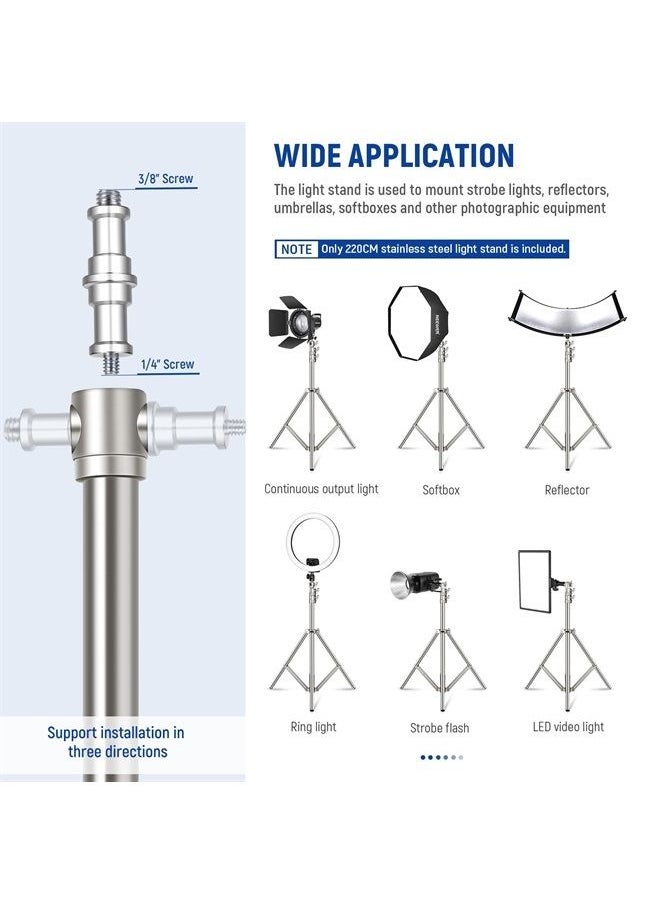Neewer - NEEWER 7.2ft/2.2m Stainless Steel Light Stand, Spring Cushioned Heavy Duty Photography Tripod Stand with 1/4” to 3/8” Universal Screw Adapter for Strobe,LED Video Light,Ring Light, Monolight, Softbox - Image 1