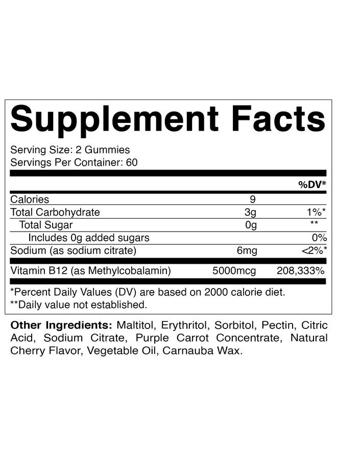 Vitamatic Extra Strength Vitamin B12 5000 mcg (Methyl B12) Gummies - 120 Count - Energy Metabolism Support and Nervous System Health Support, Natural Cherry Flavored (1) - Image 2