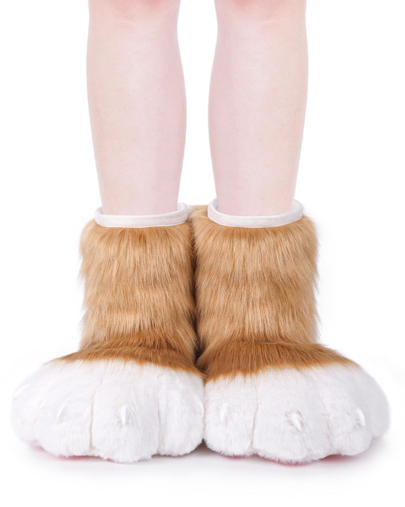 BNLIDES Cosplay Animal Cat Wolf Dog Fox Fursuit Feet Paw Claw Shoes Furry Boots Costume Accessories for Adult (Khaki White) - Image 2