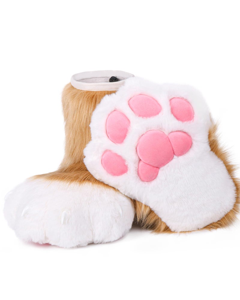 BNLIDES Cosplay Animal Cat Wolf Dog Fox Fursuit Feet Paw Claw Shoes Furry Boots Costume Accessories for Adult (Khaki White) - Image 1