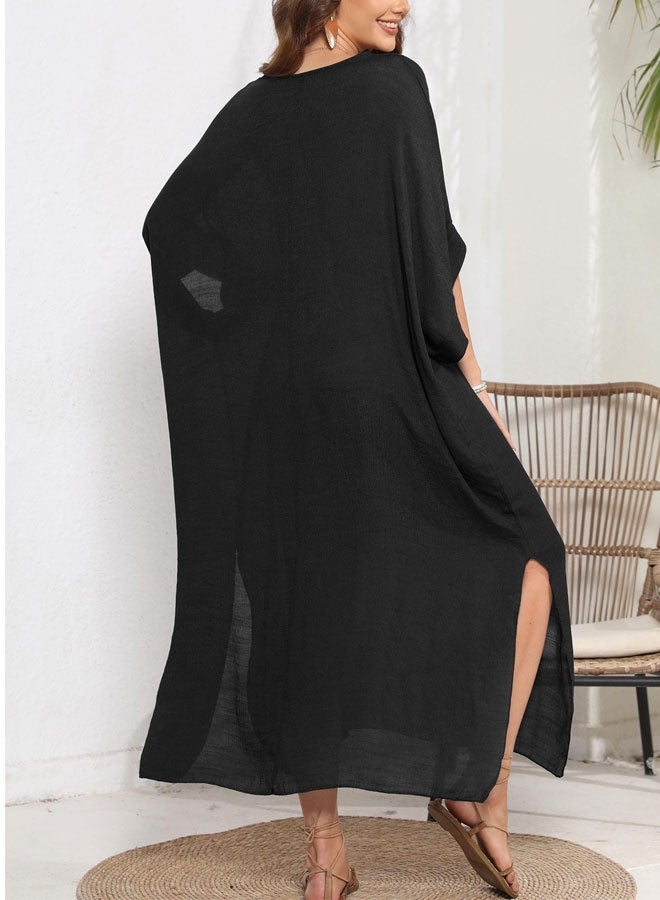 HOOTO Long Swimsuit Cover Ups for Women Cotton Swimwear Beach Bathing Suit Bikini Coverups Summer Loose Beach Dress One Size Black - Image 4