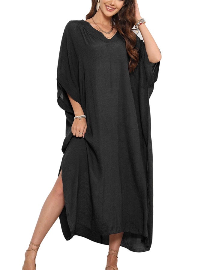 HOOTO Long Swimsuit Cover Ups for Women Cotton Swimwear Beach Bathing Suit Bikini Coverups Summer Loose Beach Dress One Size Black - Image 1