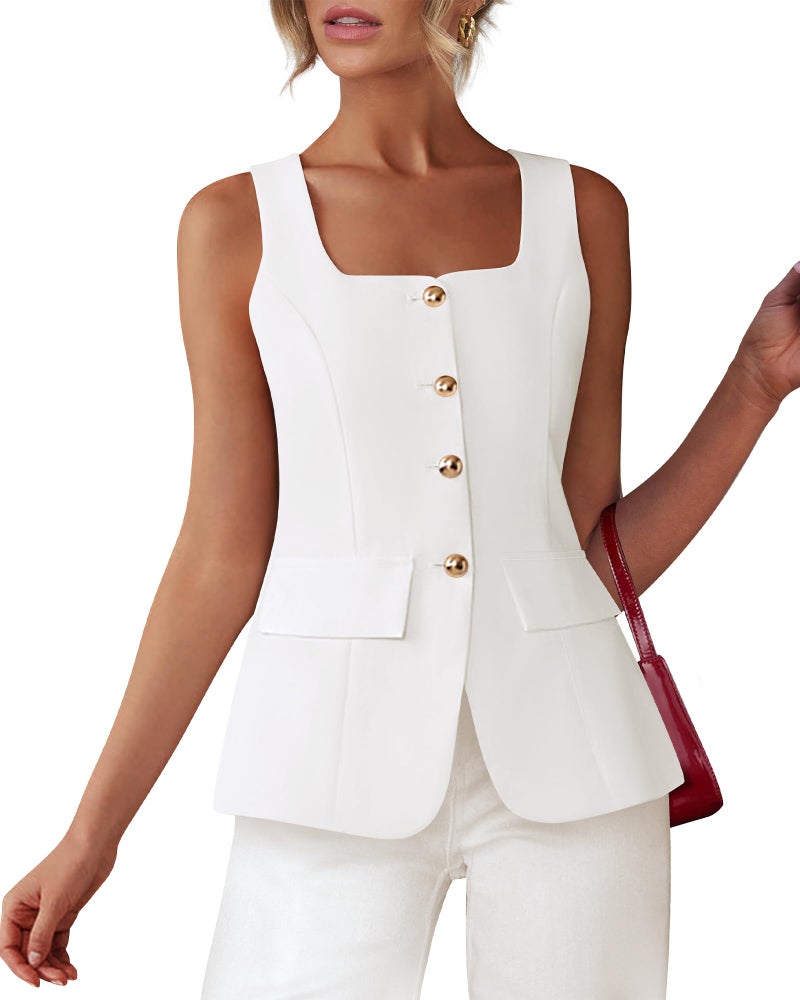 BTFBM Womens Sleeveless Suit Vests Dressy Casual Square Neck Business Work Waistcoat Spring Button Blazer Vest Tops 2026(White, Large) - Image 1
