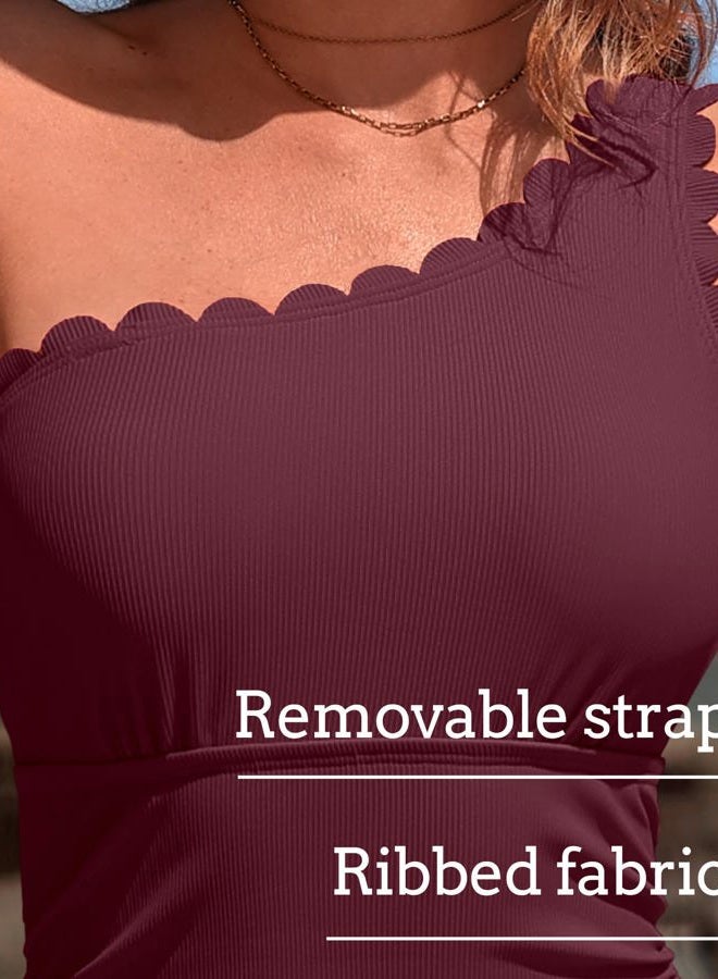 Charmo One Shoulder One Piece Swimsuit Women Ribbed Scalloped Bathing Suit Cutout 1 Piece Slimming Full Coverage Swim Suit, Burgundy, S - Image 4