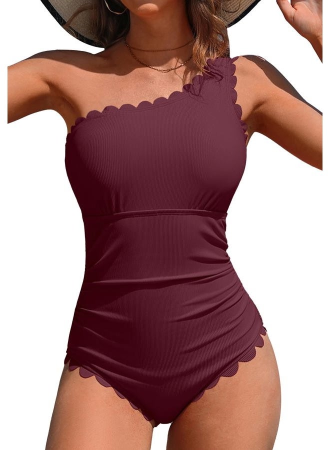 Charmo One Shoulder One Piece Swimsuit Women Ribbed Scalloped Bathing Suit Cutout 1 Piece Slimming Full Coverage Swim Suit, Burgundy, S - Image 1