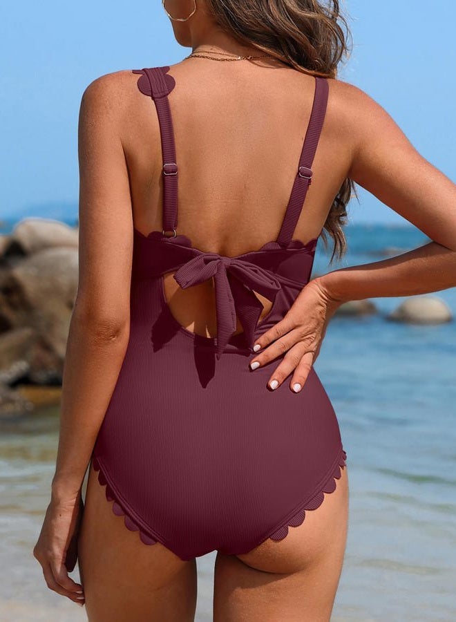 Charmo One Shoulder One Piece Swimsuit Women Ribbed Scalloped Bathing Suit Cutout 1 Piece Slimming Full Coverage Swim Suit, Burgundy, S - Image 3