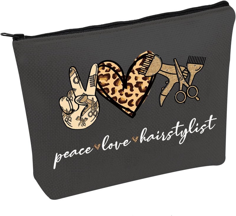 JXGZSO Scissor Makeup Organizer Hair Stylist Cosmetic Pouch Bag Hairdresser Gifts For Women Peace Love Hairstylist Toiletry Bag (Peace Love Hairstylist Black)